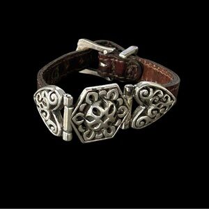 VTG Brighton Silver and Leather Buckle Bracelet Brown Silver Hearts 1994 READ